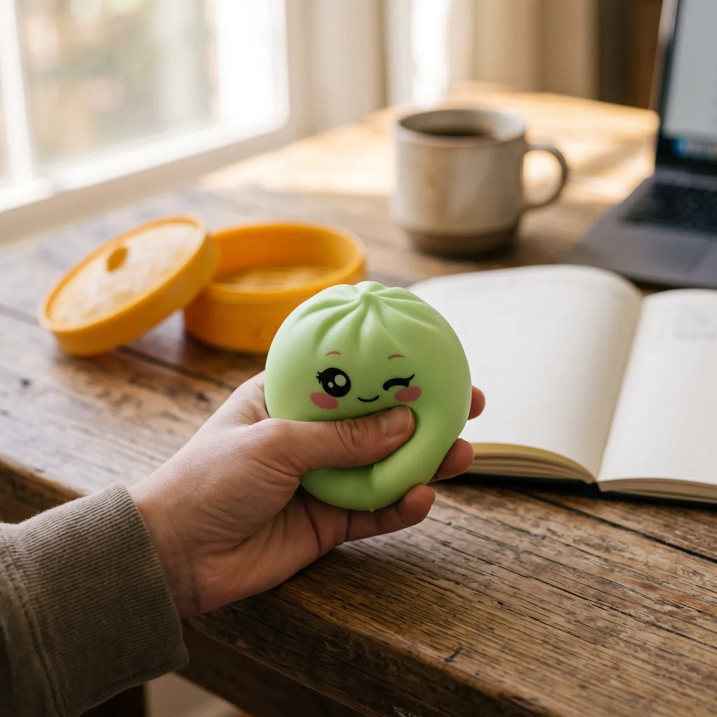 Person squeezing the Pistachio Green Wink Dumpling Squishy as a fidget toy at a desk with an open book