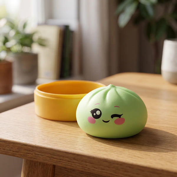 Pistachio Green Wink Dumpling Squishy displayed on a wooden table beside a yellow steamer