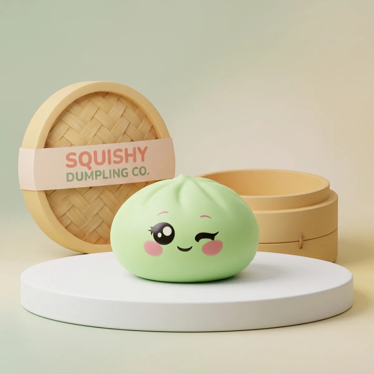 Pistachio Green Wink Dumpling Squishy on a white studio podium beside a steamer basket