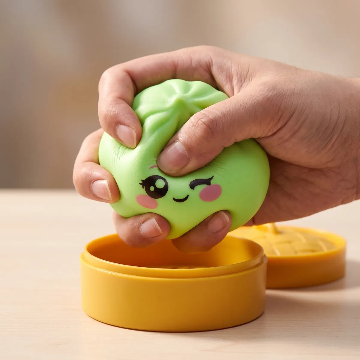 Pistachio Green Wink Dumpling Squishy pressed flat under a hand before it slowly rises back