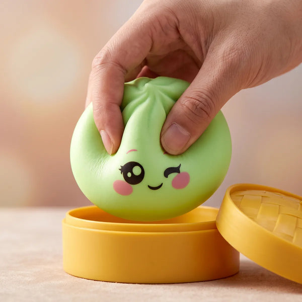 Hand squeezing the Pistachio Green Wink Dumpling Squishy