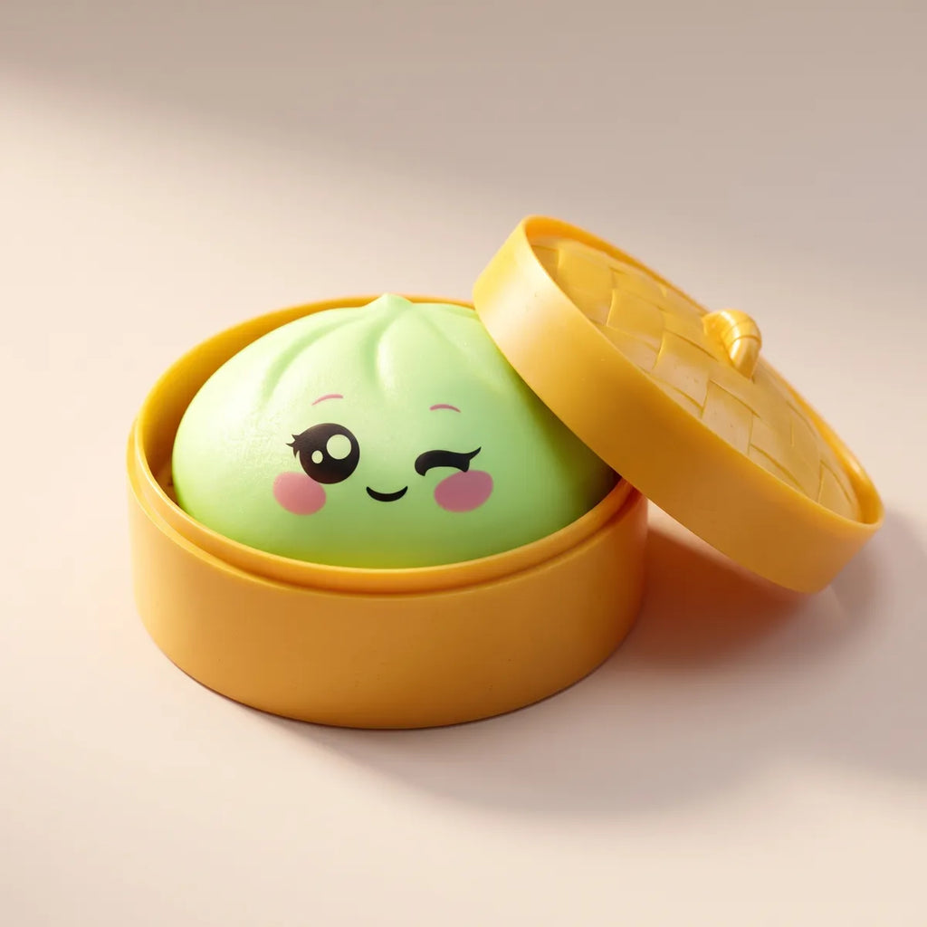 Pistachio Green Wink Dumpling Squishy sitting inside a round steamer basket