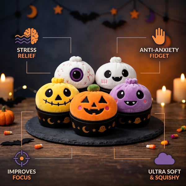Spooky Halloween Dumpling Squishy Plush 5 Pieces Set infographic: stress relief, ultra soft and squishy, anti-anxiety fidget, improves focus
