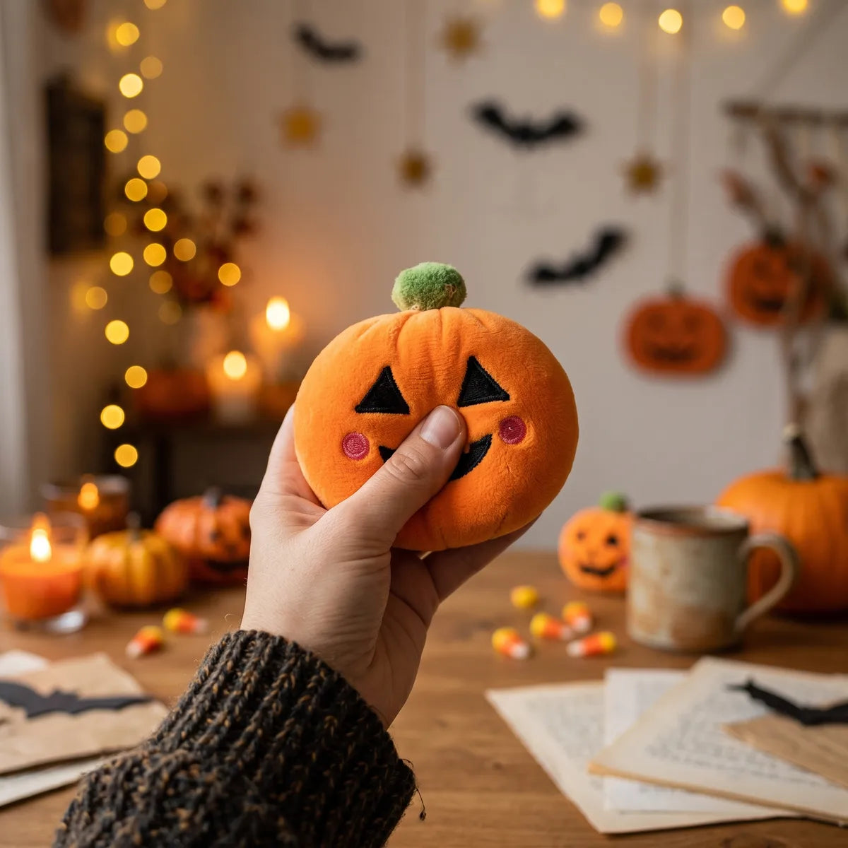 Person squeezing a plush from the Spooky Halloween Dumpling Squishy Plush 5 Pieces Set at a Halloween party table