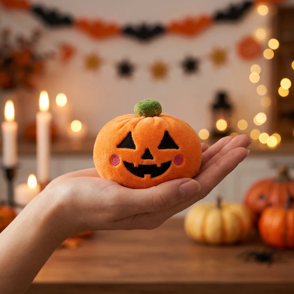 Pumpkin from the Spooky Halloween Dumpling Squishy Plush 5 Pieces Set resting on an open palm to show its size