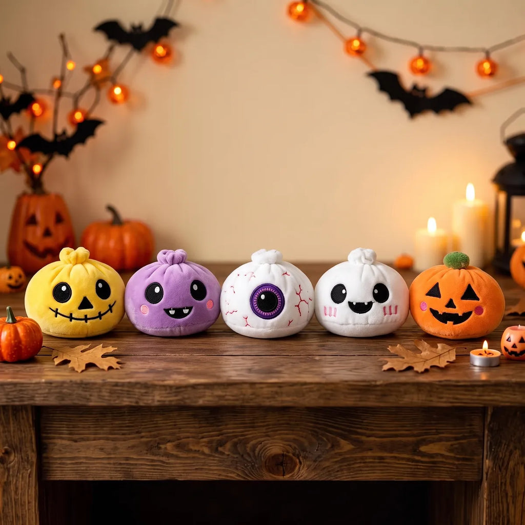 Spooky Halloween Dumpling Squishy Plush 5 Pieces Set displayed lined up on a table with jack-o-lanterns