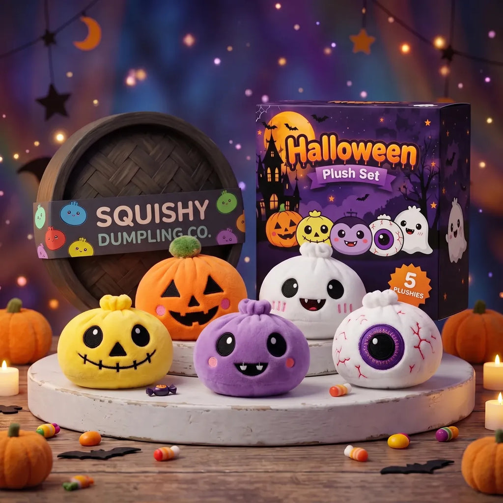 Spooky Halloween Dumpling Squishy Plush 5 Pieces Set: pumpkin, skeleton, vampire, ghost and eyeball plush on a podium