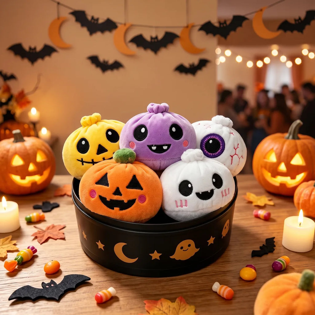 All five pieces of the Spooky Halloween Dumpling Squishy Plush 5 Pieces Set inside a round steamer basket