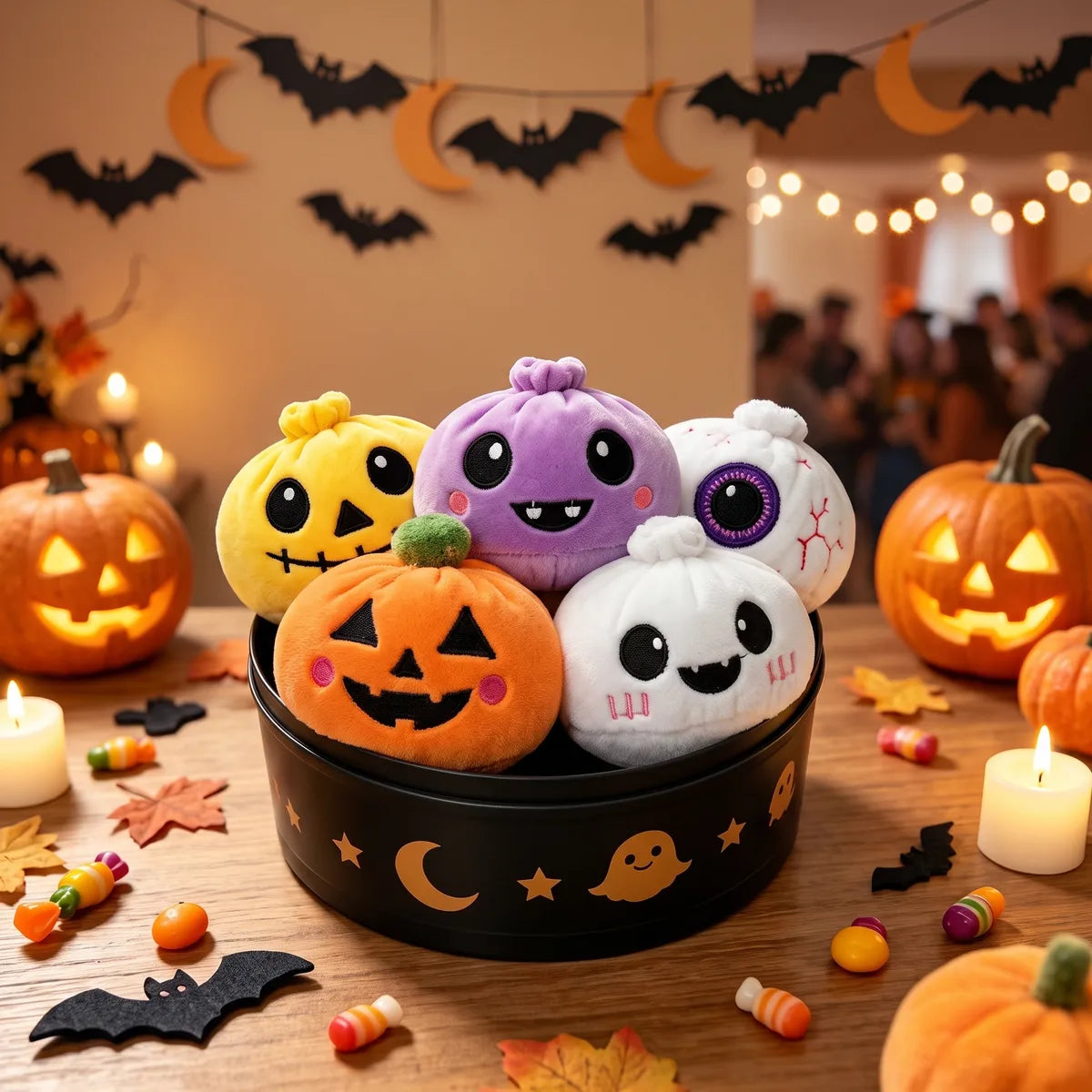 All five pieces of the Spooky Halloween Dumpling Squishy Plush 5 Pieces Set inside a round steamer basket