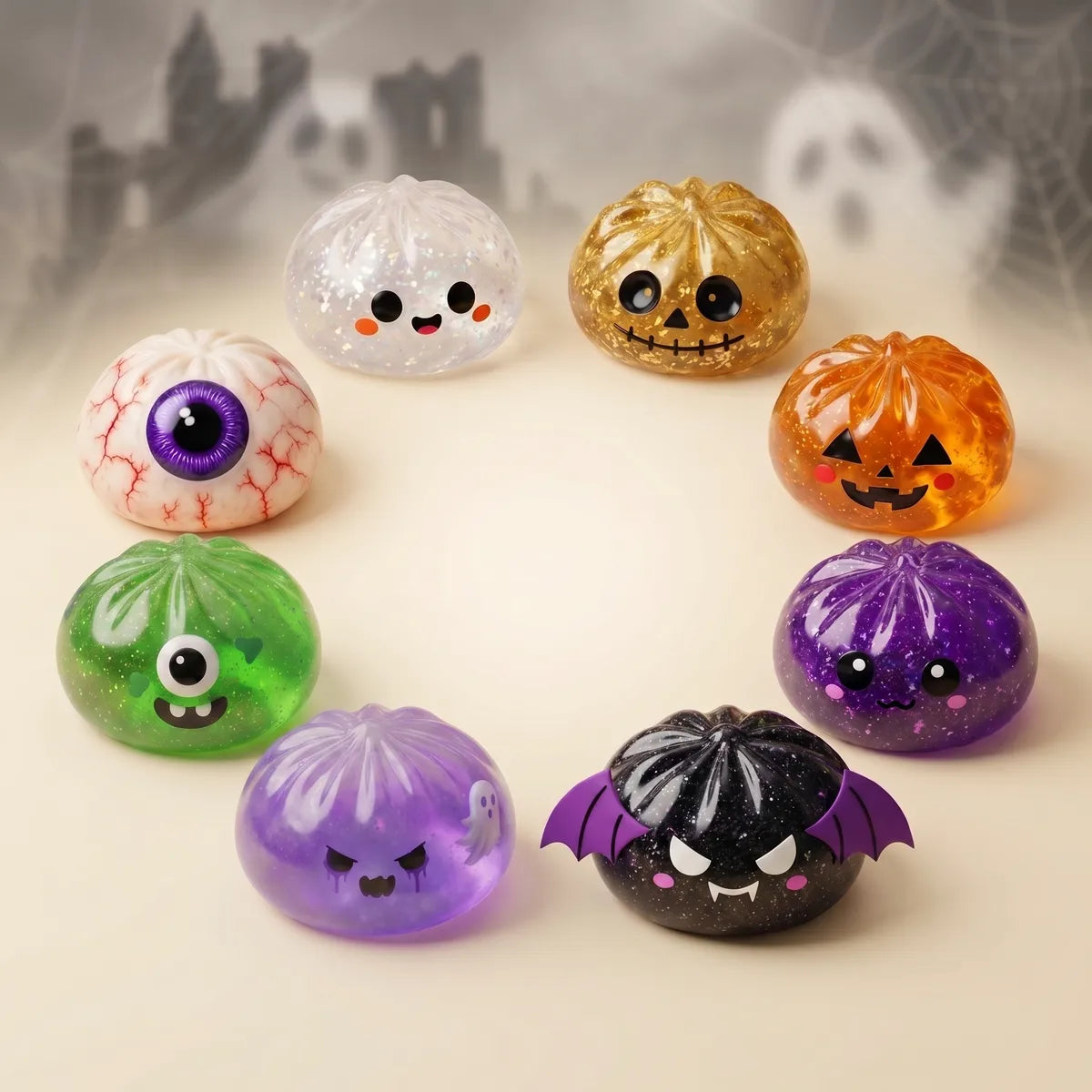 Eight Halloween dumpling squishies arranged in a ring on a pale background