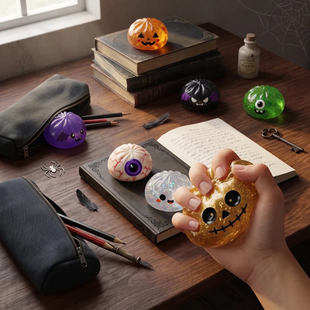 Hand squeezing the gold glitter skull dumpling squishy on a dark wooden desk