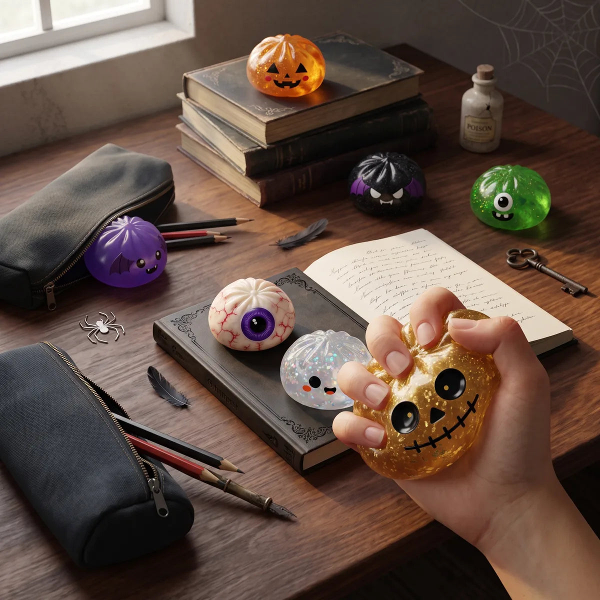 Hand squeezing the gold glitter skull dumpling squishy on a dark wooden desk