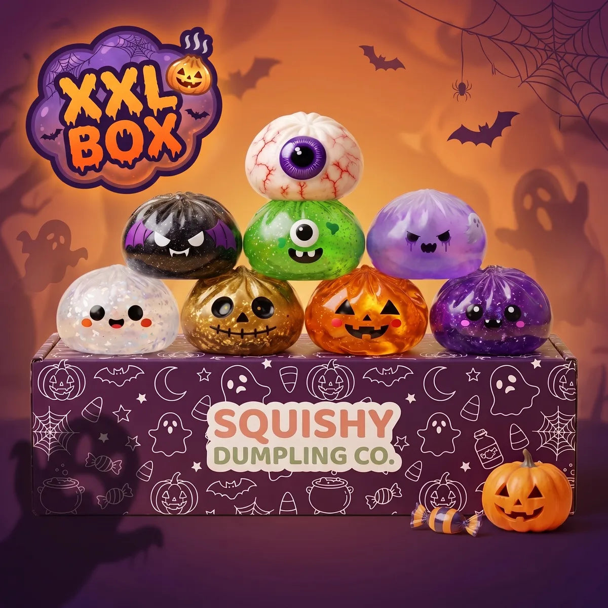 XXL Halloween dumpling squishy set of 8 stacked on its printed Halloween box