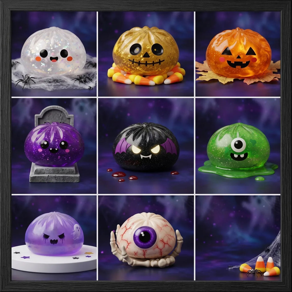 The eight Halloween dumpling squishy designs shown one per frame