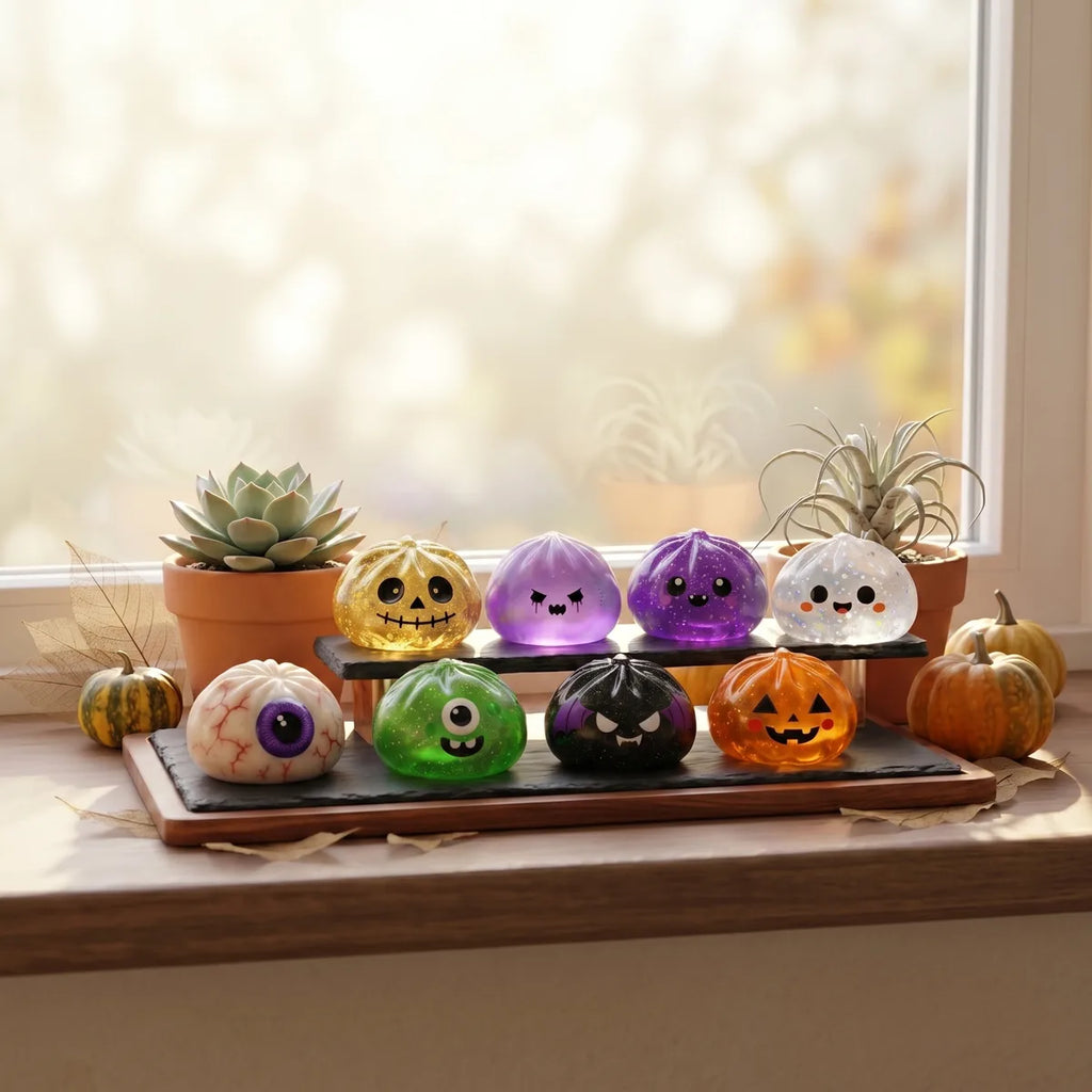 Halloween dumpling squishy set of 8 displayed on a slate riser by a sunlit window