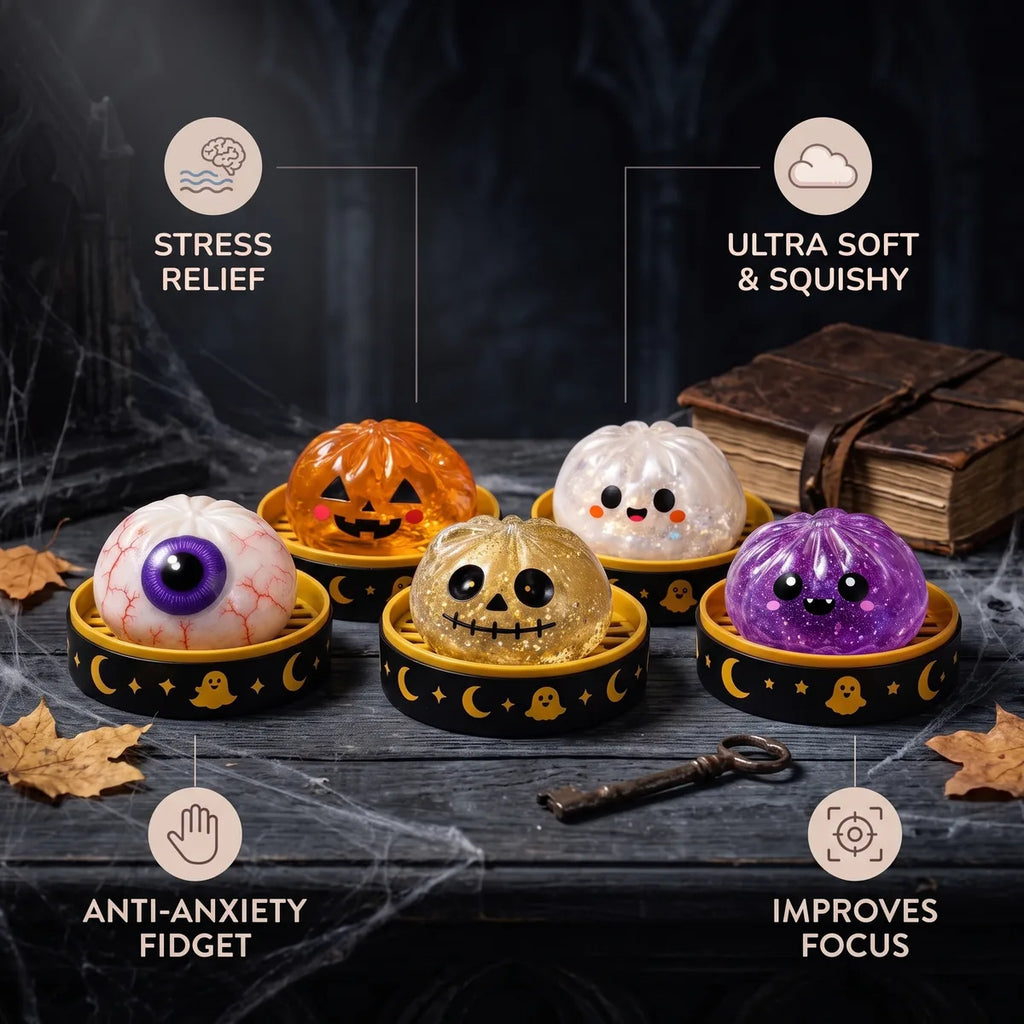 All five Halloween dumpling squishies lined up with stress relief ultra soft anti anxiety and focus benefit icons