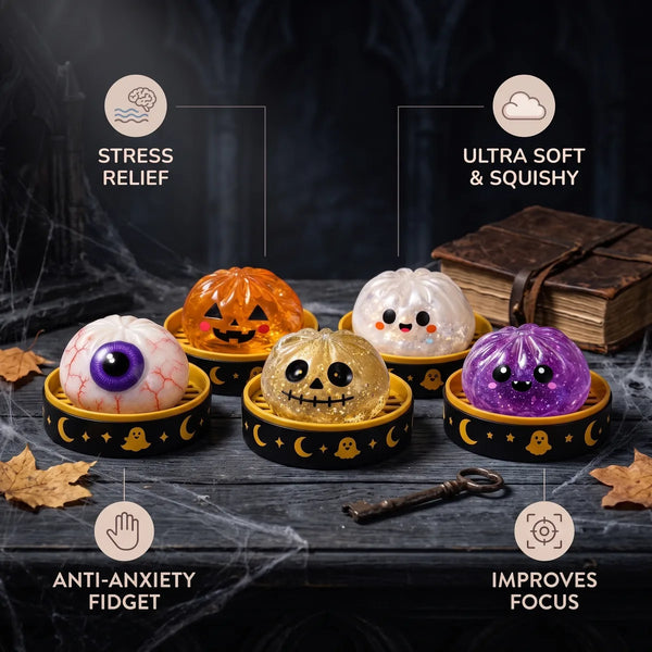 All five Halloween dumpling squishies lined up with stress relief ultra soft anti anxiety and focus benefit icons