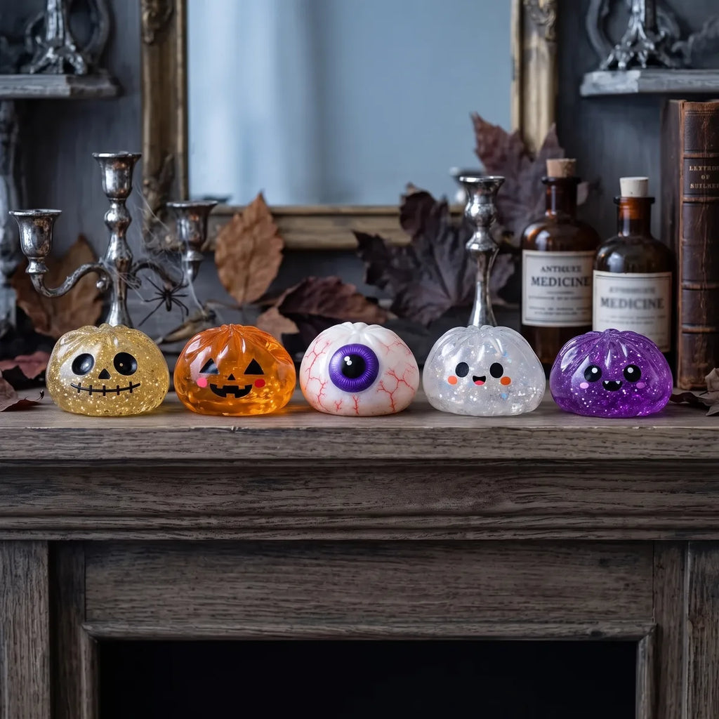 Halloween dumpling squishy set styled in a haunted pumpkin and cobweb lifestyle scene