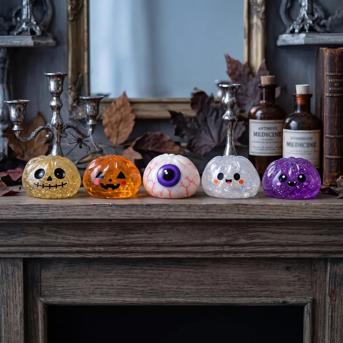 Halloween dumpling squishy set styled in a haunted pumpkin and cobweb lifestyle scene