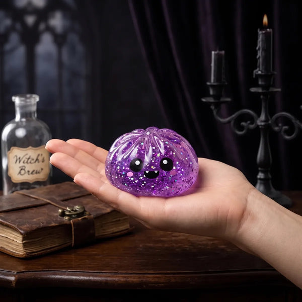 Hand holding one Halloween dumpling squishy from the set to compare the 5.5 cm and 10 cm sizes