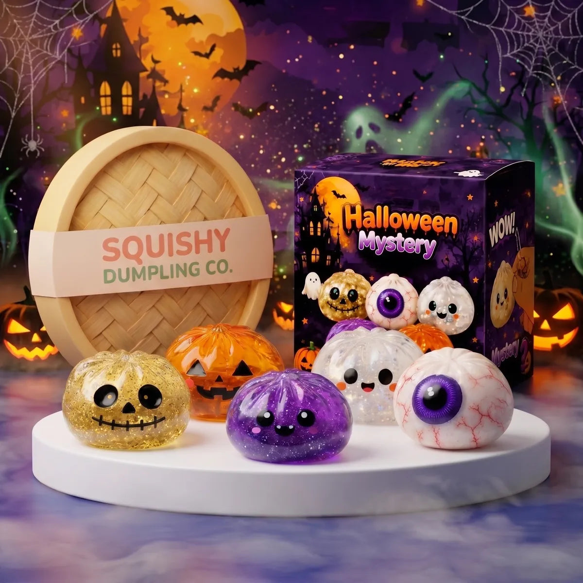 Halloween dumpling squishy set of five designs with the gold zombie orange pumpkin purple vampire white ghost and eyeball beside the Halloween mystery box Main image