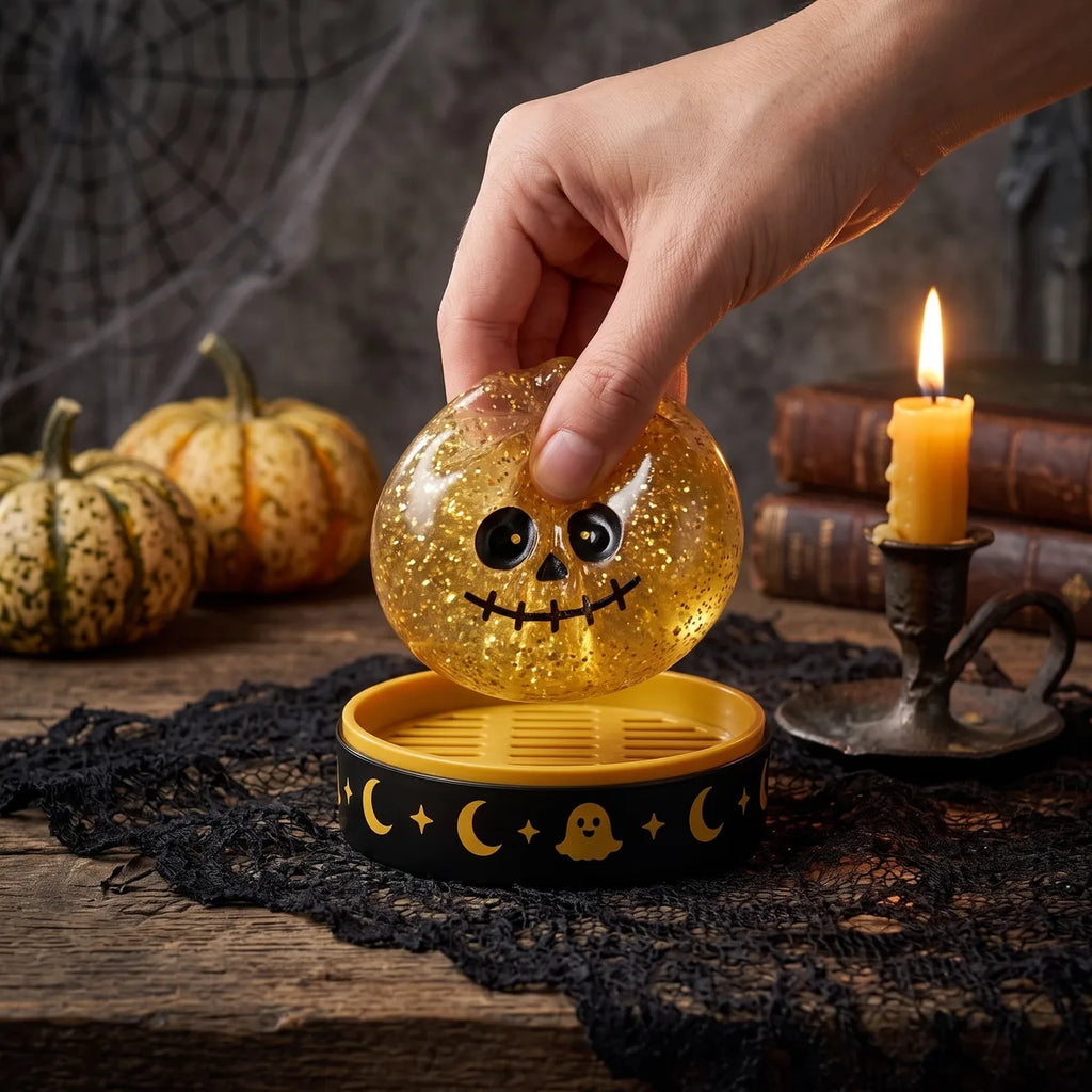Close up squeeze showing the soft glitter gel skin of a Halloween dumpling squishy from the five piece set