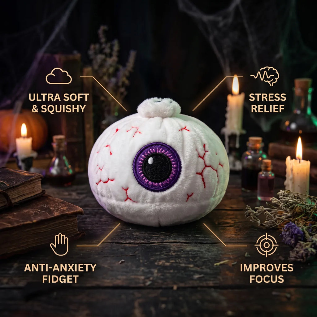 Watchful Halloween Eyeball Dumpling Squishy Plush infographic: stress relief, ultra soft and squishy, anti-anxiety fidget, improves focus