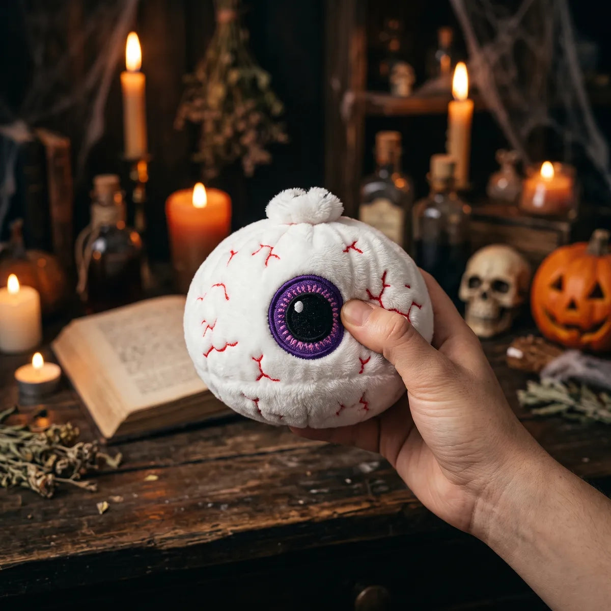 Person squeezing the Watchful Halloween Eyeball Dumpling Squishy Plush as a fidget toy in a candlelit witch study