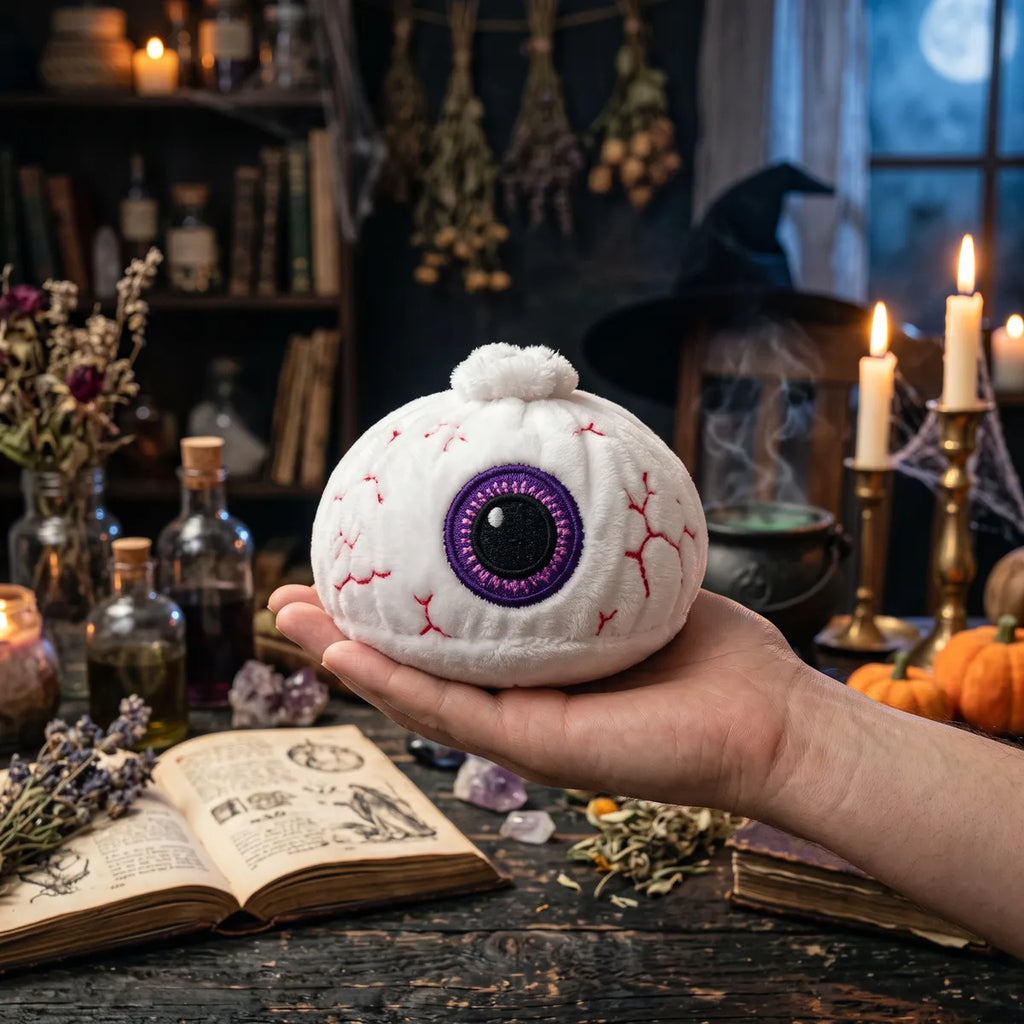 Watchful Halloween Eyeball Dumpling Squishy Plush resting on an open palm to show its real size