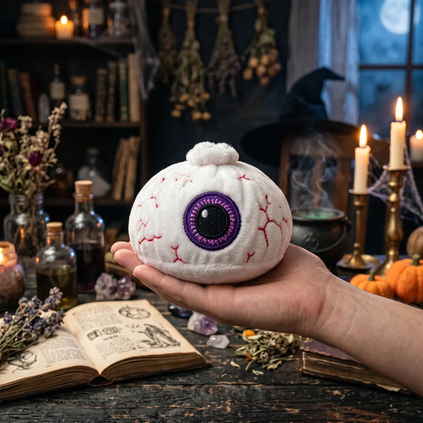Watchful Halloween Eyeball Dumpling Squishy Plush resting on an open palm to show its real size