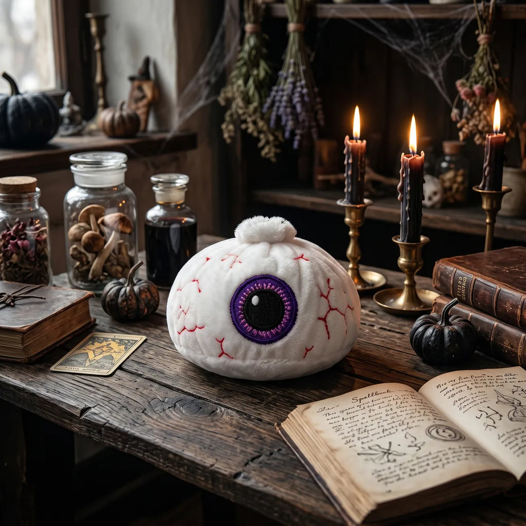 Watchful Halloween Eyeball Dumpling Squishy Plush displayed on a witch desk with spell books and candles