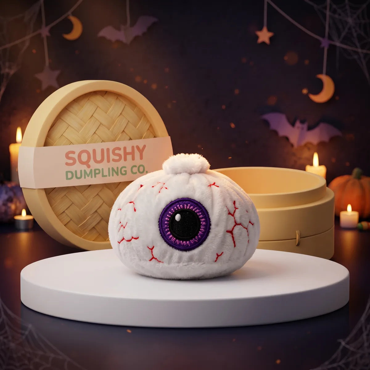 Watchful Halloween Eyeball Dumpling Squishy Plush on a white studio podium beside a steamer basket