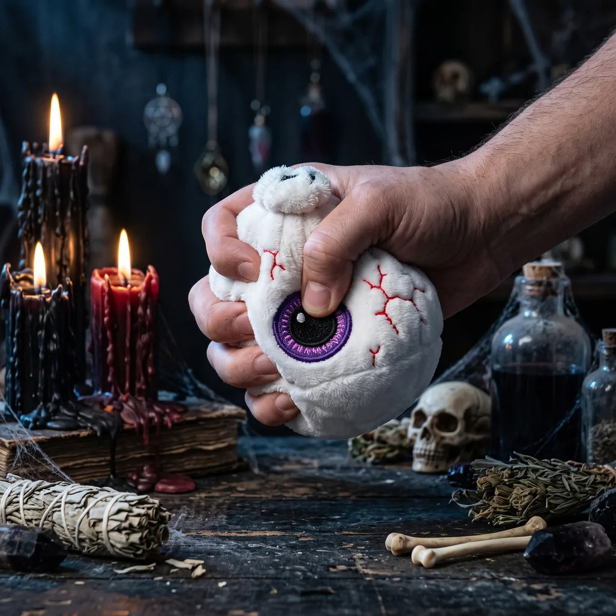 Hand pressing down on the soft Watchful Halloween Eyeball Dumpling Squishy Plush