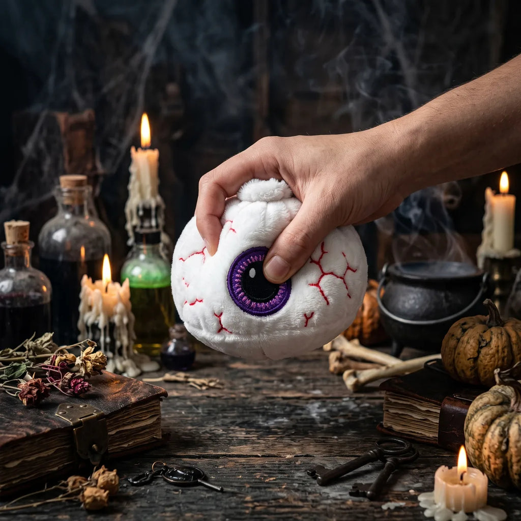 Hand squeezing the Watchful Halloween Eyeball Dumpling Squishy Plush