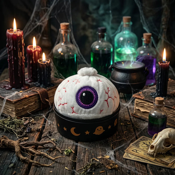 Watchful Halloween Eyeball Dumpling Squishy Plush sitting inside a round steamer basket
