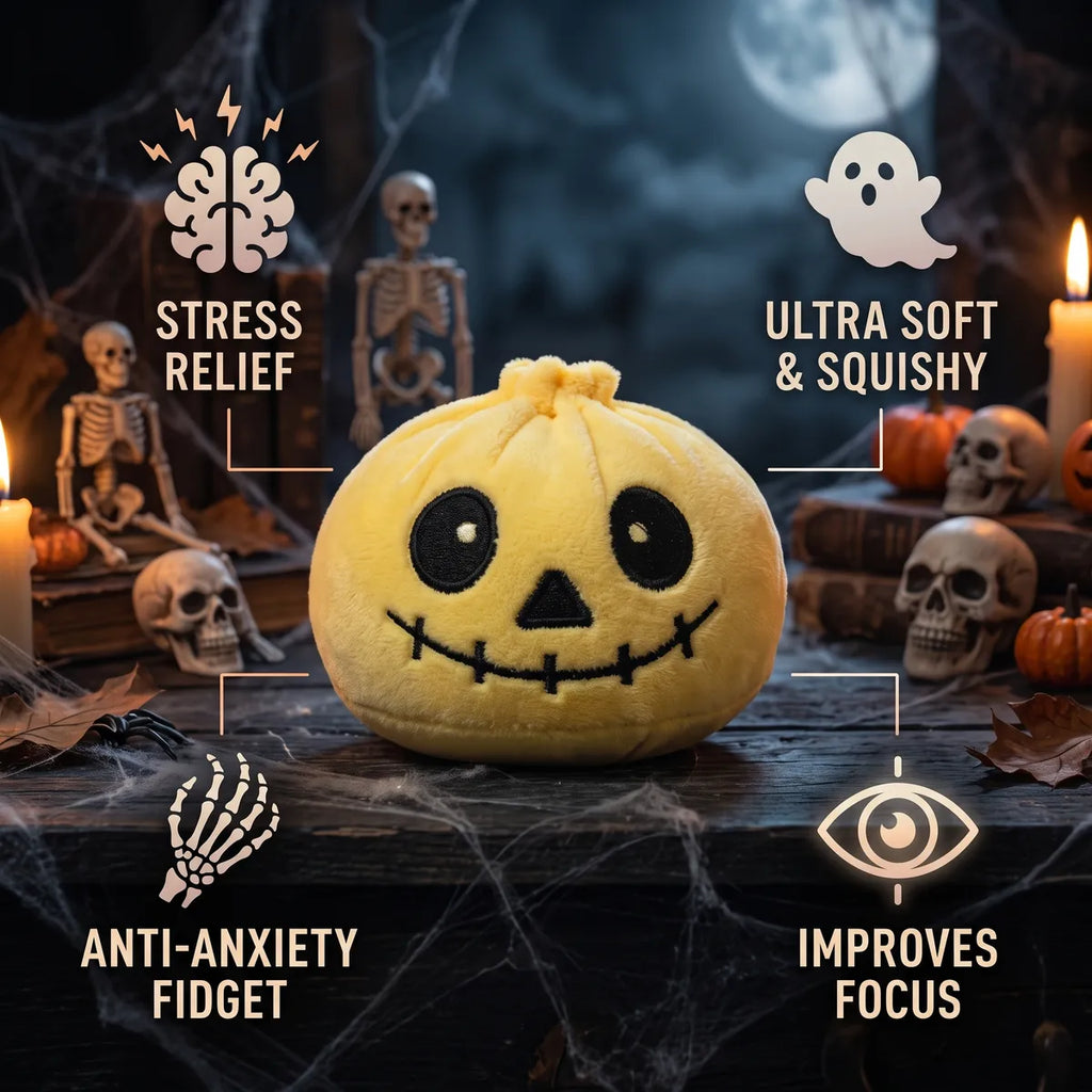 Grinning Halloween Skeleton Dumpling Squishy Plush infographic: stress relief, ultra soft and squishy, anti-anxiety fidget, improves focus