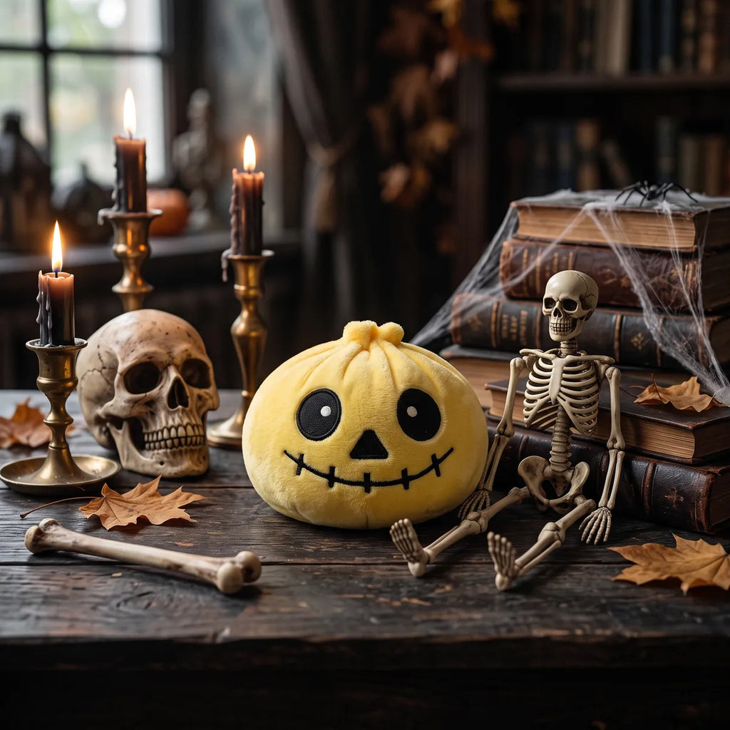 Grinning Halloween Skeleton Dumpling Squishy Plush displayed next to a skull and skeleton decoration