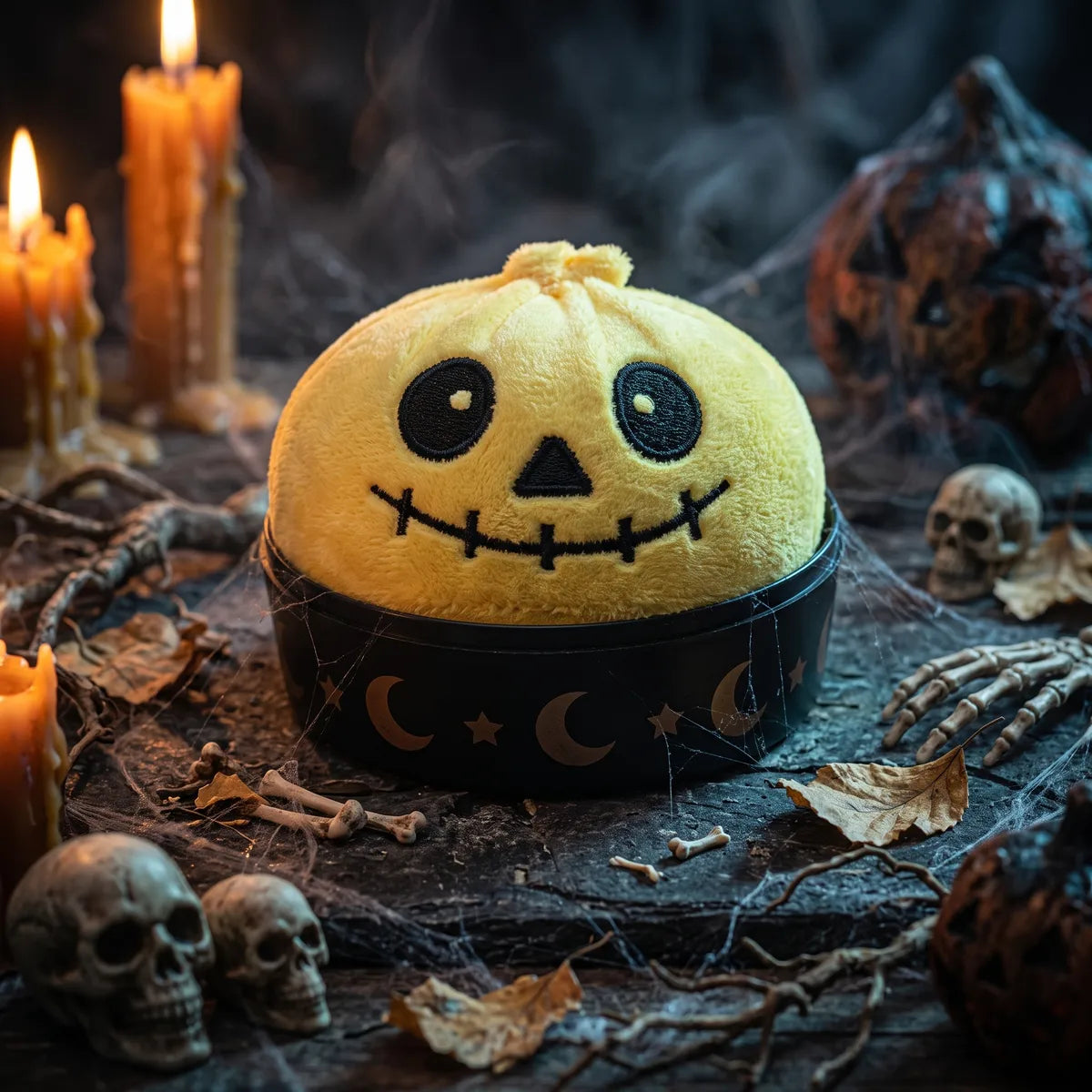Grinning Halloween Skeleton Dumpling Squishy Plush sitting inside a round steamer basket