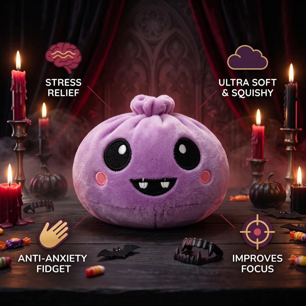 Velvet Halloween Vampire Dumpling Squishy Plush infographic: stress relief, ultra soft and squishy, anti-anxiety fidget, improves focus