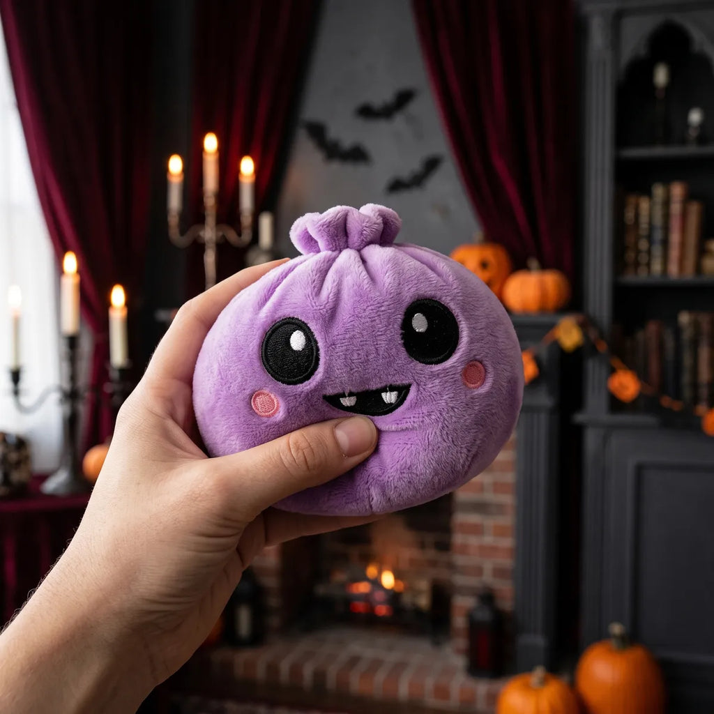 Person squeezing the Velvet Halloween Vampire Dumpling Squishy Plush as a fidget toy in a gothic candlelit room