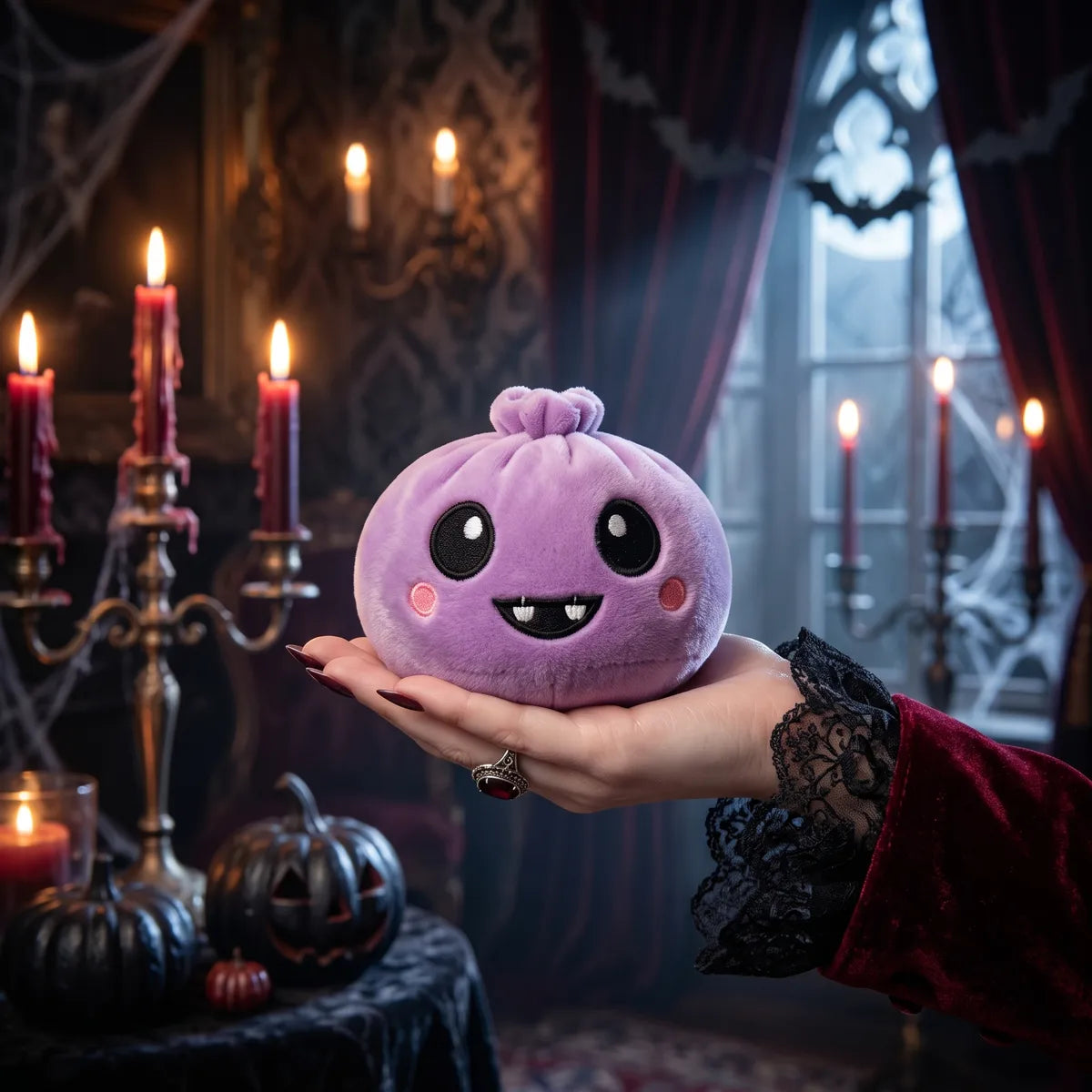 Velvet Halloween Vampire Dumpling Squishy Plush resting on an open palm to show its real size