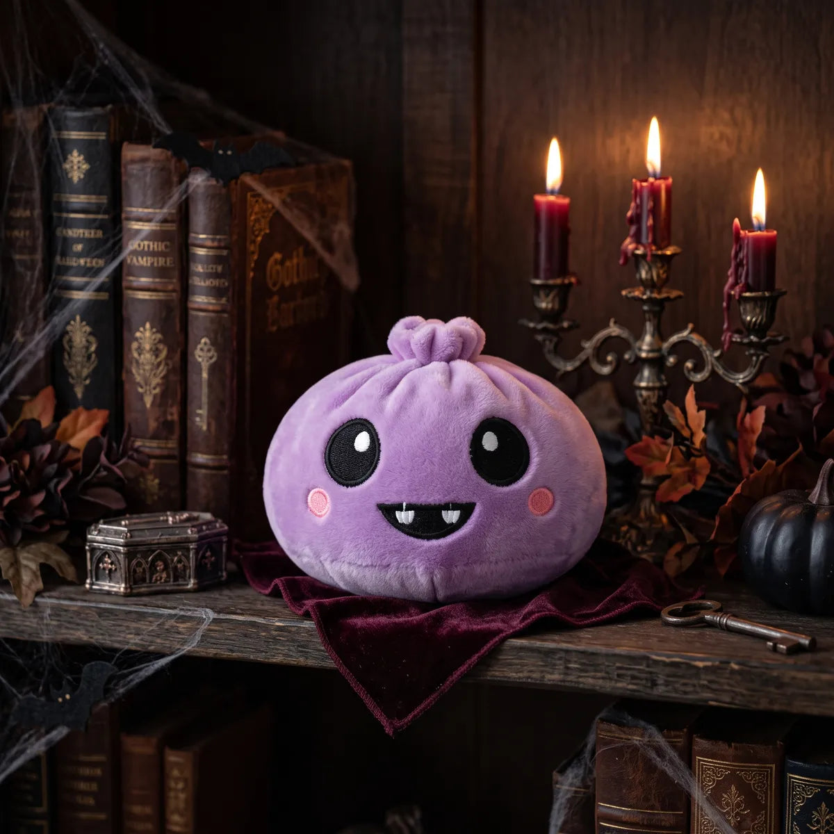 Velvet Halloween Vampire Dumpling Squishy Plush displayed in a gothic library with red candles