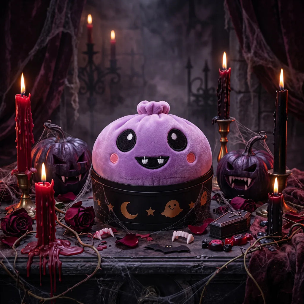 Velvet Halloween Vampire Dumpling Squishy Plush sitting inside a round steamer basket