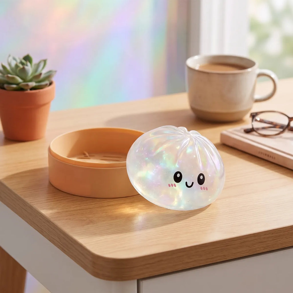 Holographic dumpling squishy styled on a cozy desk