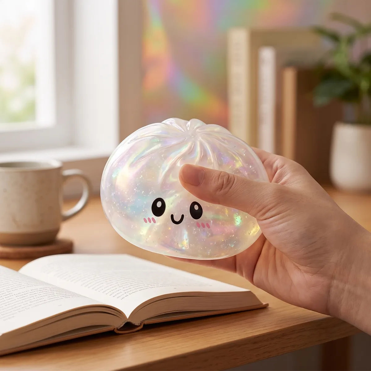 Holographic dumpling squishy with its bamboo steamer