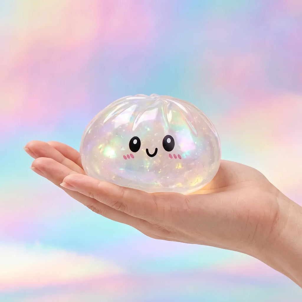 Holographic dumpling squishy in a premium lifestyle setting
