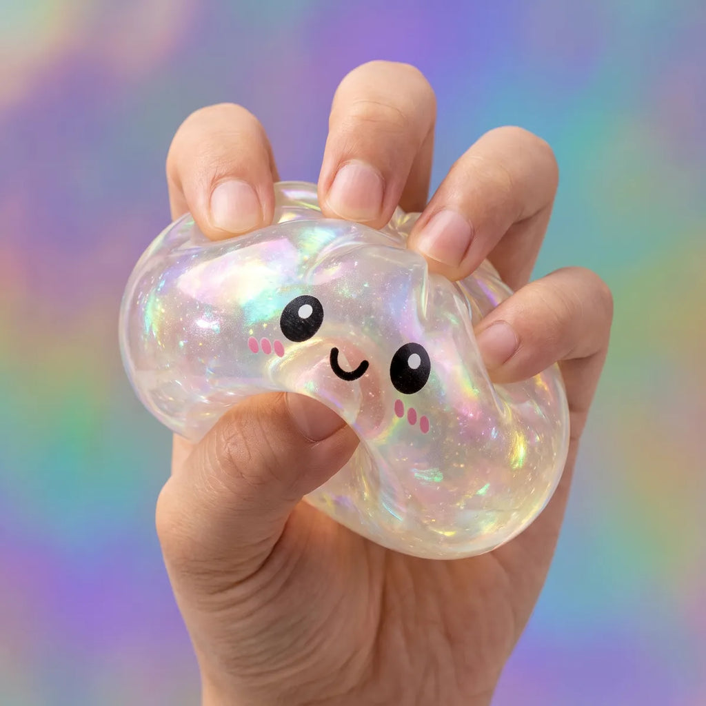 Hand squeezing a holographic dumpling squishy