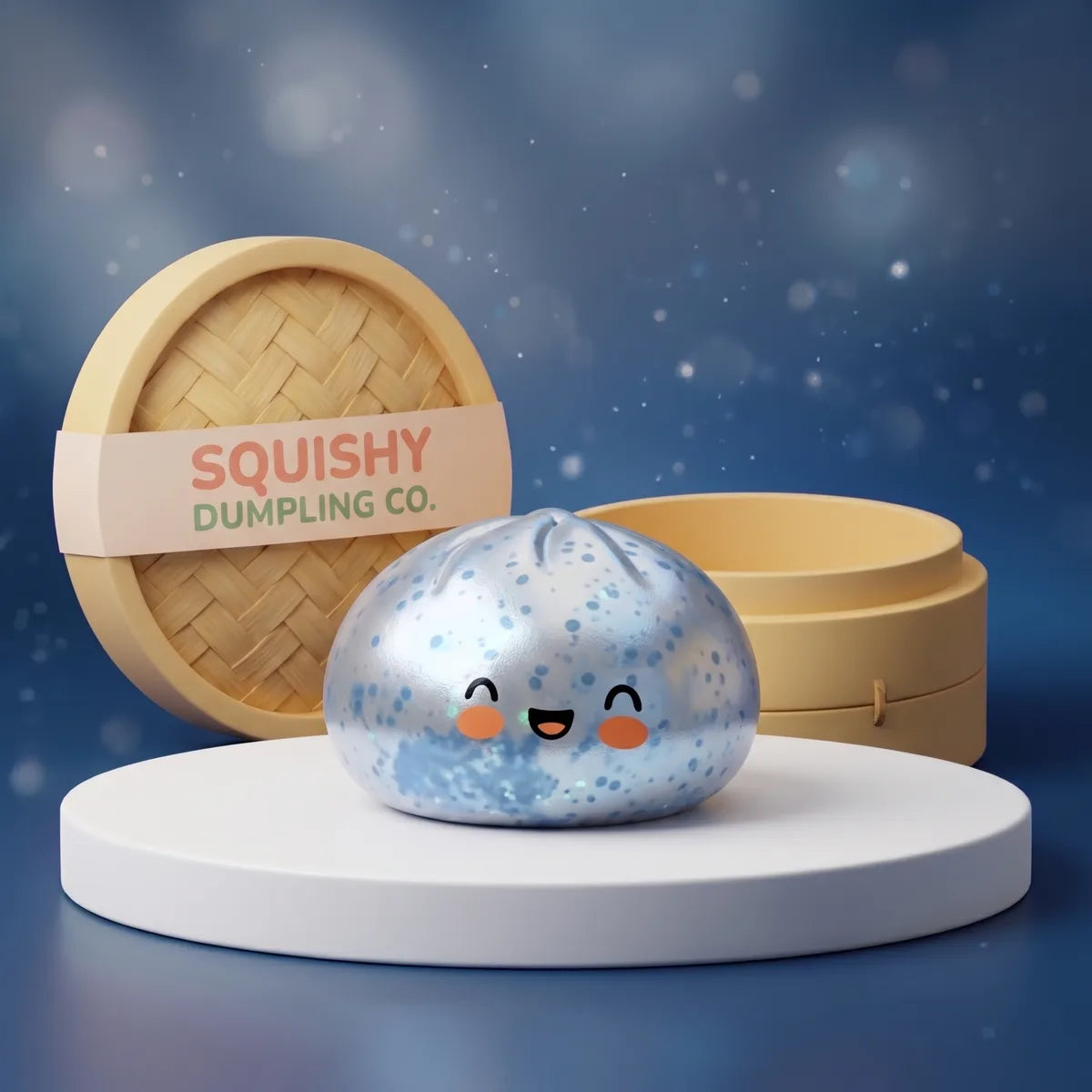 Icy light blue sparkle dumpling squishy with bamboo steamer Main image
