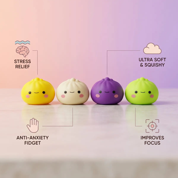 Japanese dumpling squishy size guide infographic with dimensions