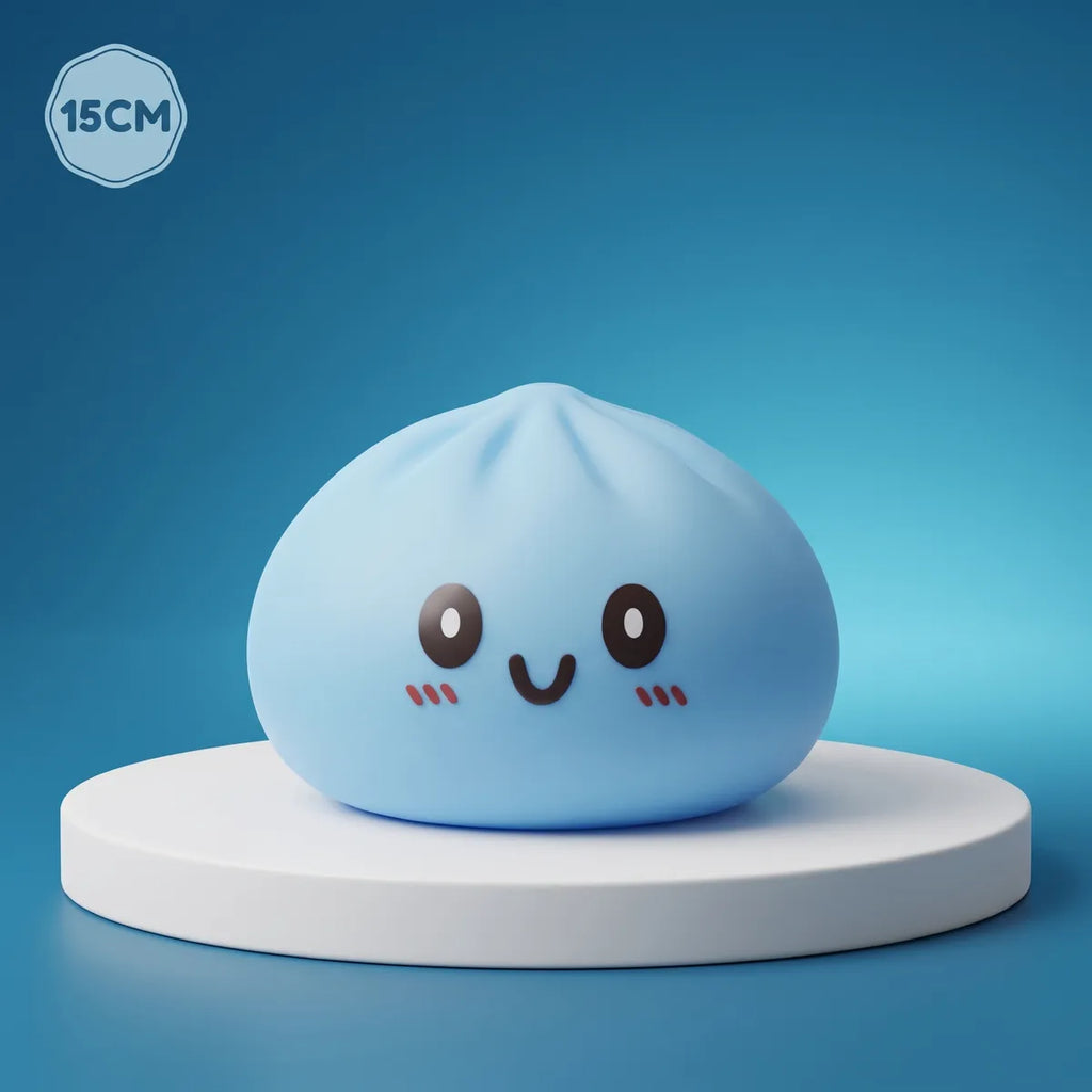 Jumbo large blue dumpling squishy on a display podium
